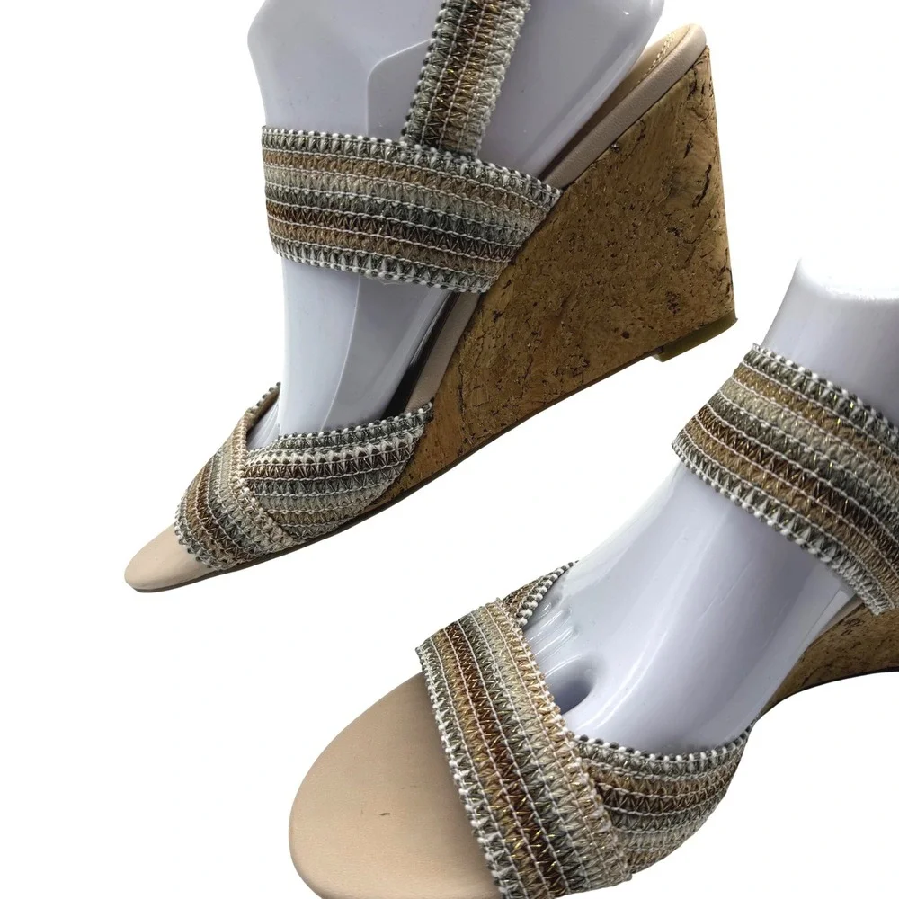 Coach and Four Wedge Sandals Women 10M‎ Gold Silver Bronze Metallic Cork Boho
